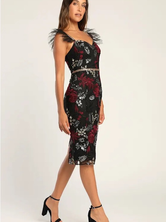 Lulus Dresses & Skirts - Lulu's Show Stopper Black Embroidered Sequin Bodycon Midi Dress